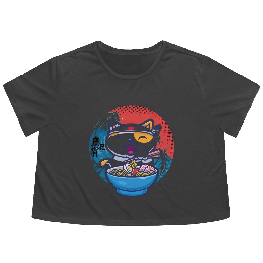 Japanese cat ramen Flowy Cropped Tees