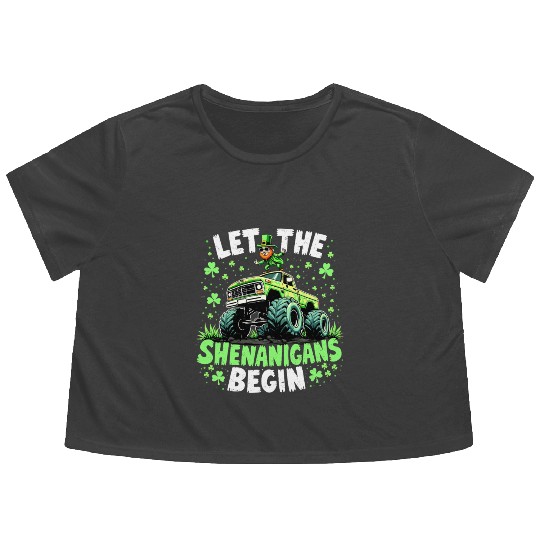 St Patricks Day Monster Truck Shenanigans Flowy Cropped Tees