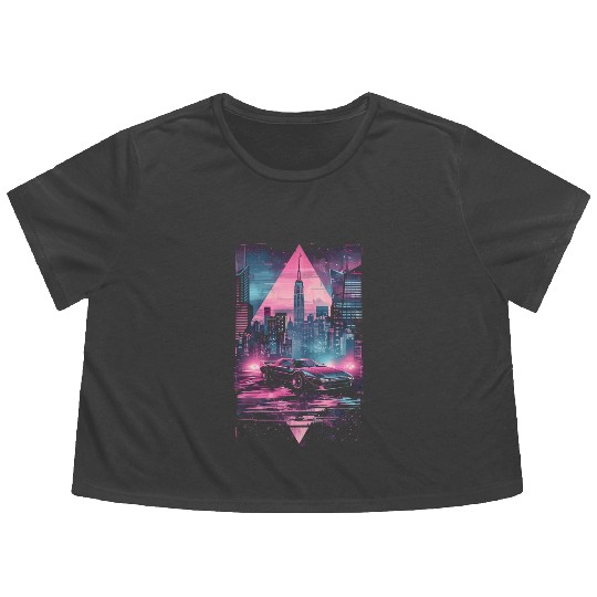 Retro Vaporwave Car City Synthwave 80s 90s Flowy Cropped Tees
