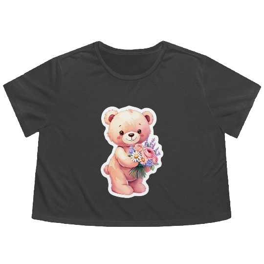 Teddy bear with bouquet of flowers Flowy Cropped Tees