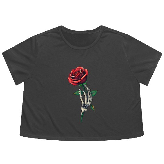 Skeleton Hand Holding a Rose: Beauty in the Dark Flowy Cropped Tees