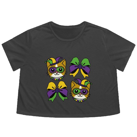 Mardi Gras Cat with Colorful Bows Flowy Cropped Tees