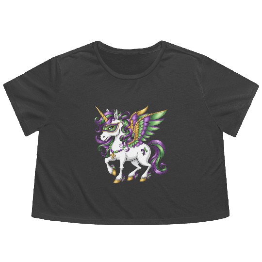 Happy Mardi Gras Unicorn Mask New Orleans Girls Flowy Cropped Tees