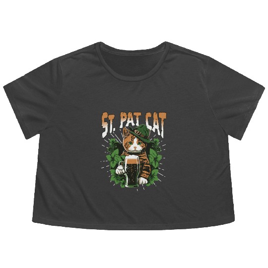 Funny St. Patricks Day Drinking Cat Flowy Cropped Tees