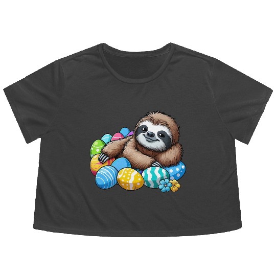Cute Sloth Easter Egg Cartoon Chilling Flowy Cropped Tees