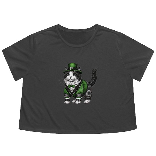 Lucky Cat in Green - St. Patrick’s Day Flowy Cropped Tees