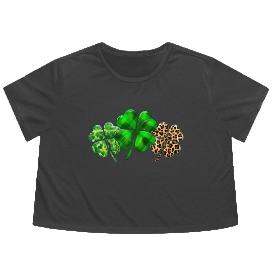Plaid Shamrock Leopard Camouflage St Patricks Day Flowy Cropped Tees