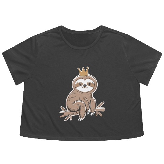 Cute Sloth with Royal Crown Relaxing on Branch Flowy Cropped Tees