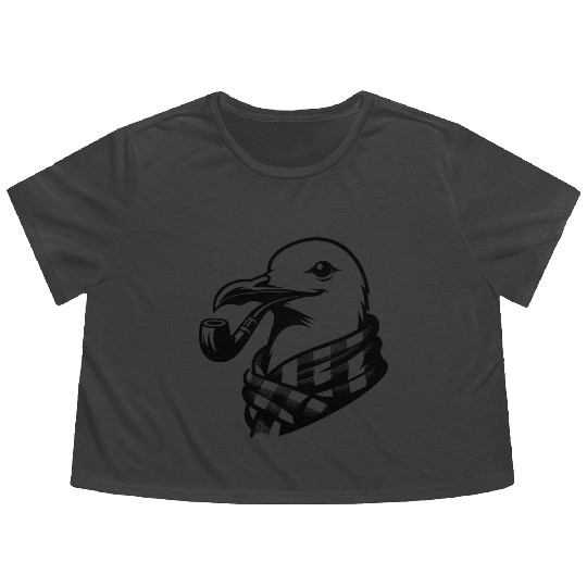 Pipe-diving Seafarer Seagull As A Coastal Motif Flowy Cropped Tees