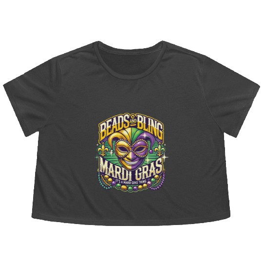Beads And Bling Mardi Gras Mask Extravaganza Flowy Cropped Tees