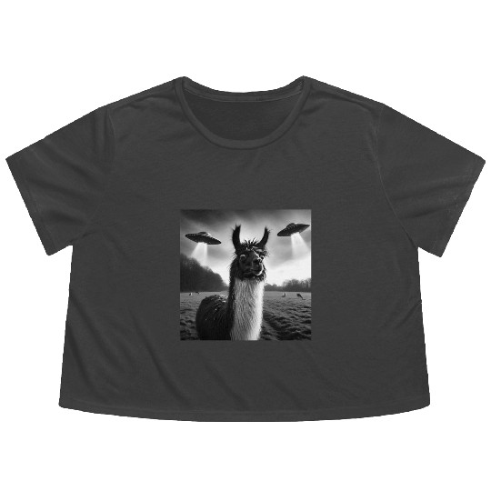 Llama alpaca Funny Graphic Selfie with UFOs Weird Flowy Cropped Tees