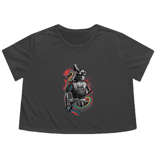 Samurai Spirit with Dragon Embrace Art Flowy Cropped Tees