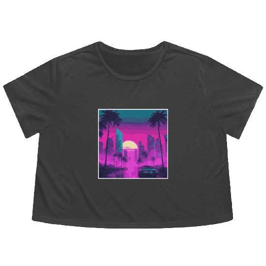 Neon Paradise Vaporwave Sunset Vibes Flowy Cropped Tees