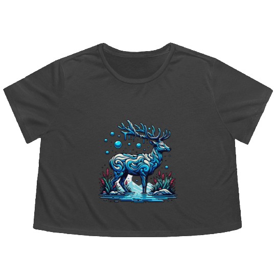 Majestic Blue Deer in Enchanted Forest Flowy Cropped Tees