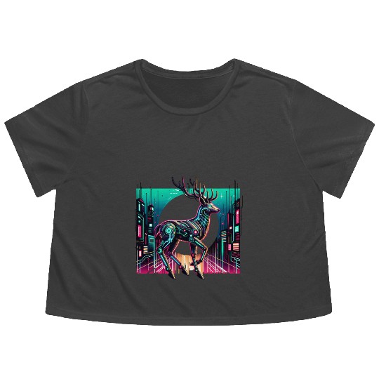 Cyberpunk Stag In Futuristic Cityscape Flowy Cropped Tees