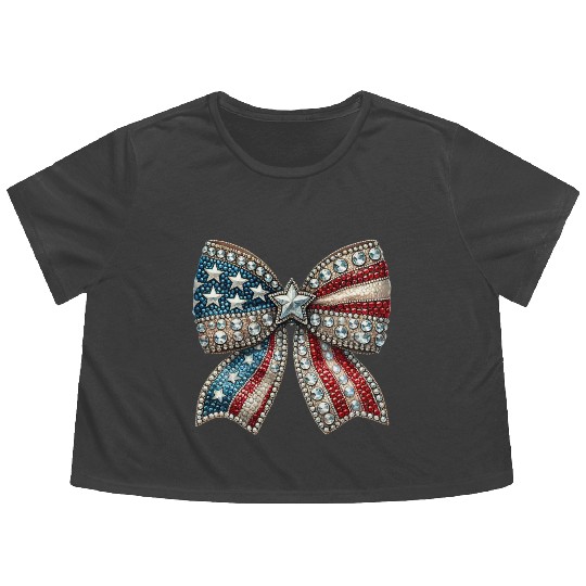 Patriotic Rhinestone Bow Flowy Cropped Tees