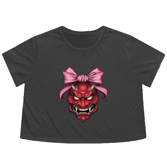 Coquette Bow Oni Yokai Devil Mask Pink Mothers Day Flowy Cropped Tees