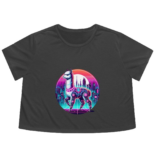Cyberpunk Alpaca In Futuristic Cityscape Flowy Cropped Tees