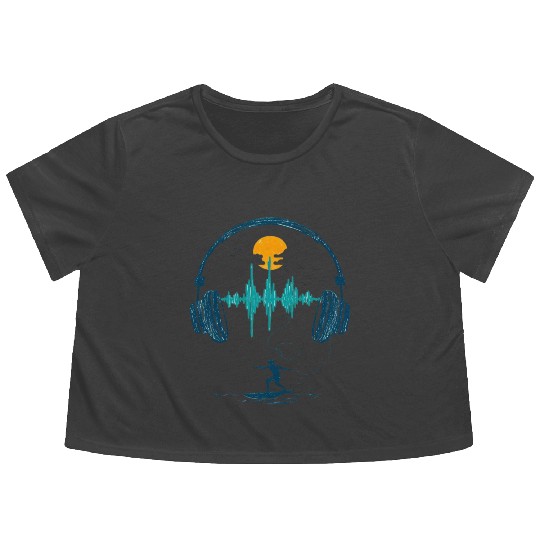Playful Illustration Headphones and Surfing Theme Flowy Cropped Tees