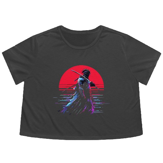 Cyberpunk Samurai Warrior Under Neon Moon Flowy Cropped Tees