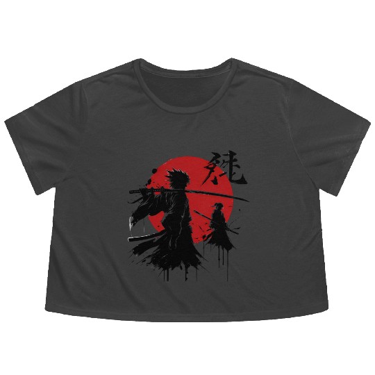Shadow Samurai Warriors Under Blood Moon Flowy Cropped Tees