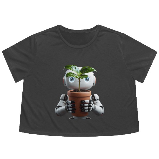 Robot Cradling Green Plant In Terracotta Pot Flowy Cropped Tees