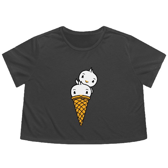 Two Birds Ice Cream Waffle Scoops Greeting Waving Flowy Cropped Tees