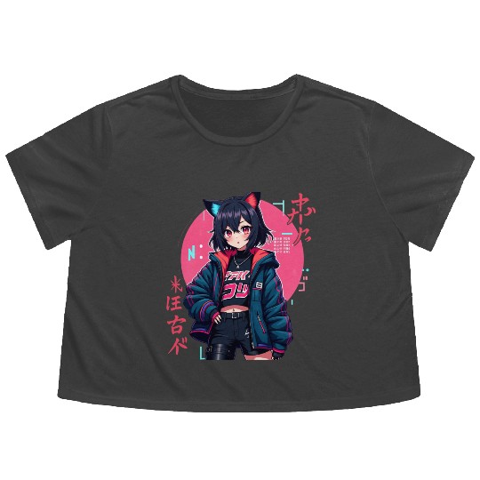 Cyberpunk Anime Girl with Cat Ears Neon Aesthetic Flowy Cropped Tees