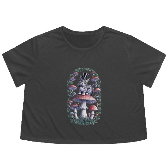 Gentleman cat hatter sitting on mushroom Flowy Cropped Tees