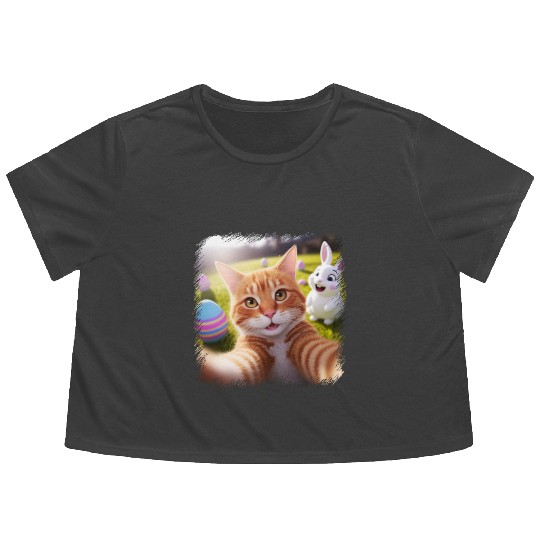 Cute Easter Selfie Cat Bunny Spring Flowy Cropped Tees For Kids