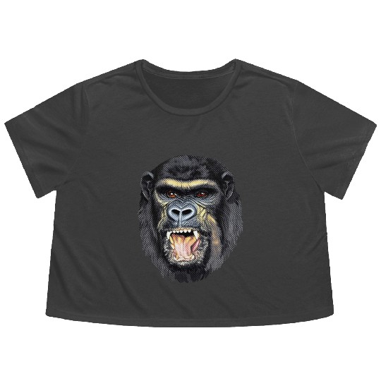 Fierce Gorilla Head Design, Wild Animal Art Flowy Cropped Tees
