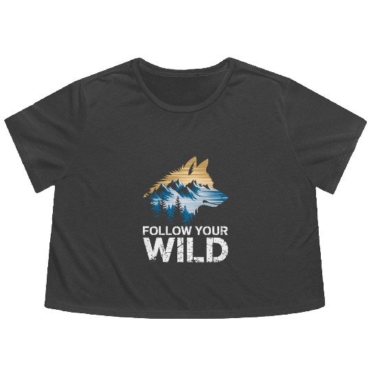 Follow Your Wild Adventure Mountain Wolf Flowy Cropped Tees