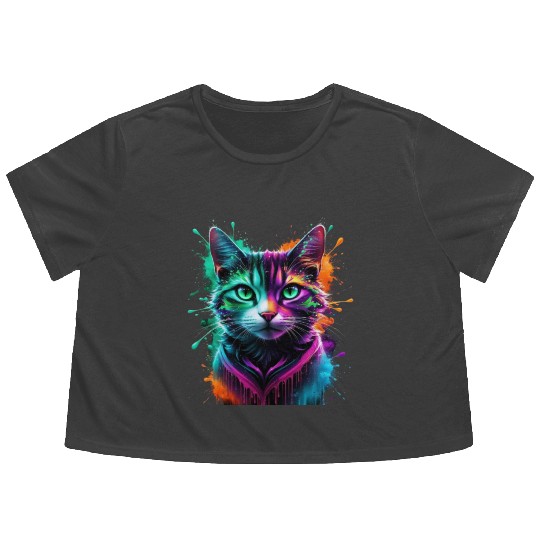 Neon Cosmic Cat – A Psychedelic Fusion of Color Flowy Cropped Tees