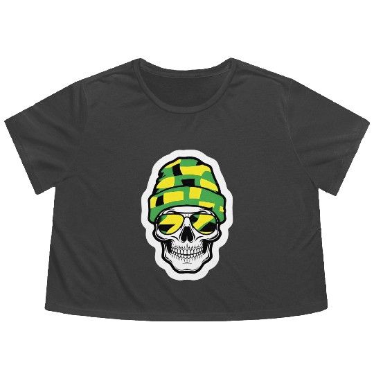 Human Skull Wearing Green Beanie Flowy Cropped Tees