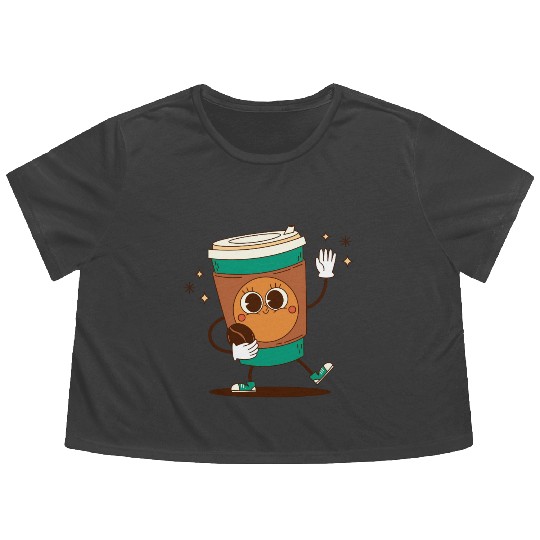Playful Coffee Cup Character Design Flowy Cropped Tees