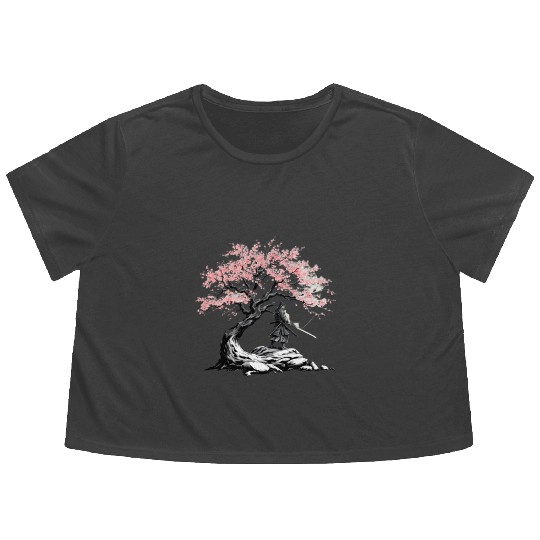Samurai trains beneath a blooming Sakura tree Flowy Cropped Tees
