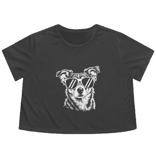 Border Collie Dog Wearing Sunglasses Vintage Pet Flowy Cropped Tees