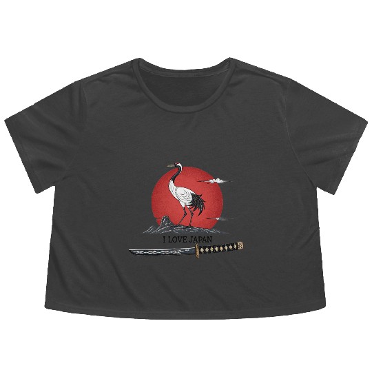 Japanese Crane with Katana and MounT FUJI POSTER Flowy Cropped Tees