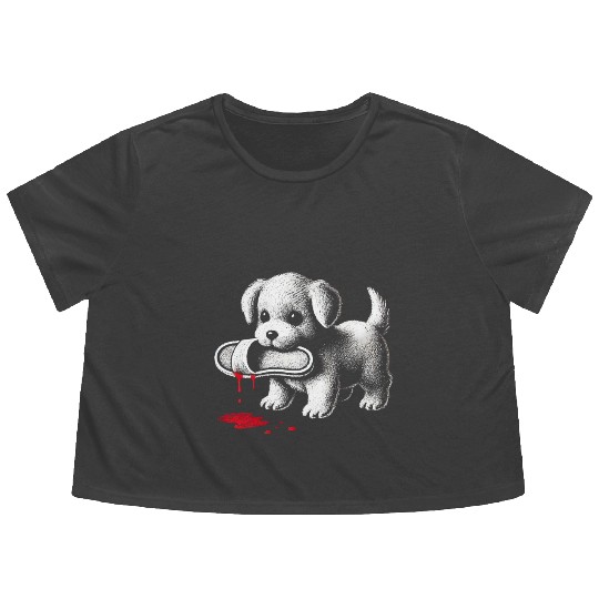 Cute Puppy with Slipper Flowy Cropped Tees Dark Humor Dog Lover