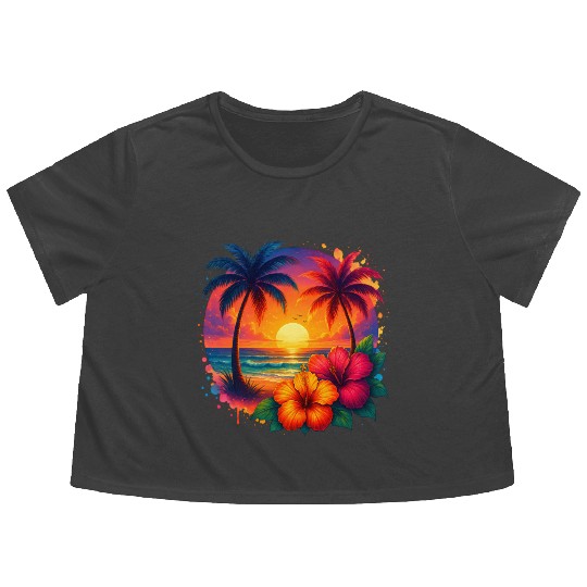 Tropical Sunset Palm Trees and Hibiscus Flowy Cropped Tees