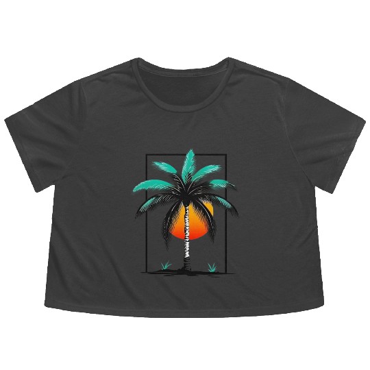 Grayscale Line Drawing Of A Central palm tree Flowy Cropped Tees