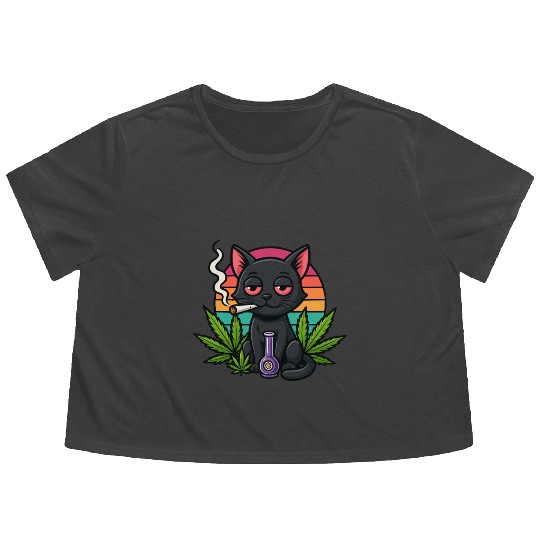Cute Cat Smoking Weed Flowy Cropped Tees