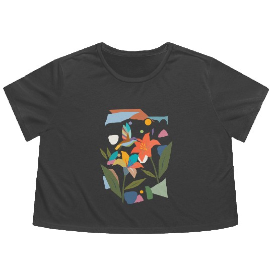 Colorful Hummingbird with Flower - Colorful Nature Flowy Cropped Tees