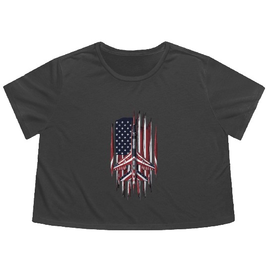 Patriotic Fighter Jet American Flag Art Flowy Cropped Tees