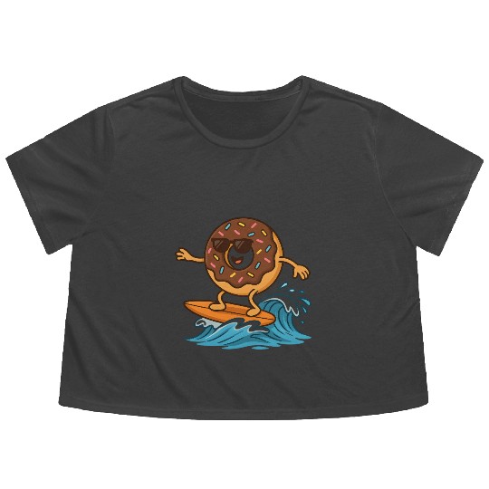 Cool Donut Surfing the Waves Cartoon Art Flowy Cropped Tees