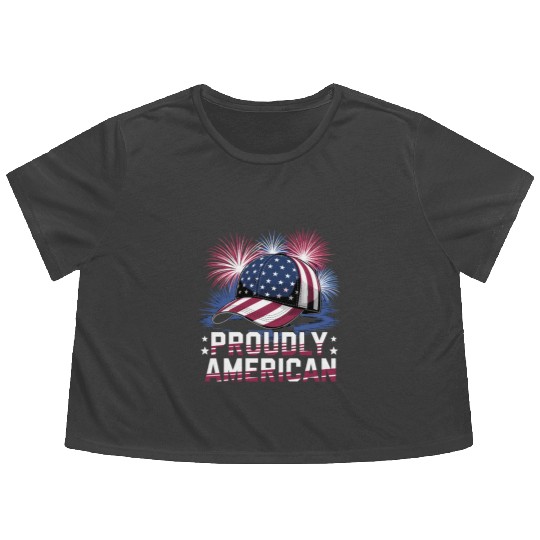 Proudly American Hat With Fireworks and Stars Flowy Cropped Tees