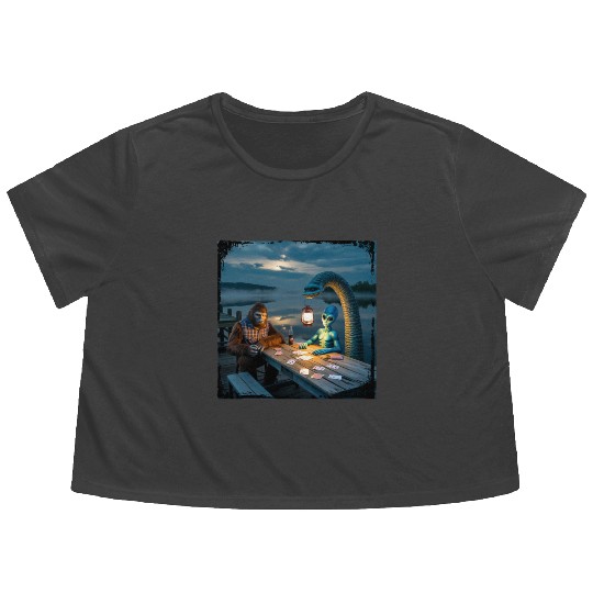 Cryptid Poker Night on Loch Ness - Bigfoot, Flowy Cropped Tees