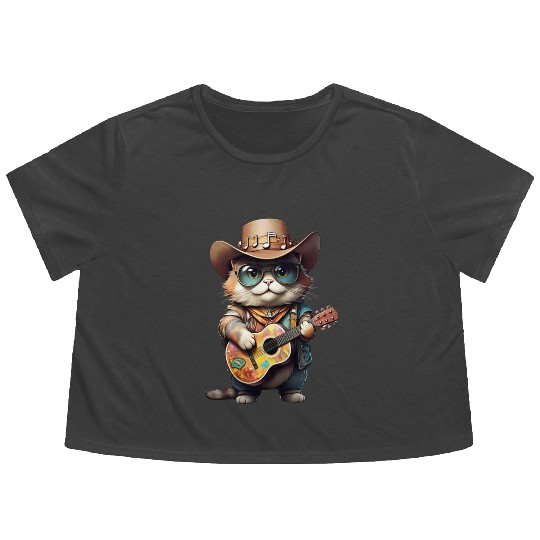 Festival Cat with Patterned Guitar Flowy Cropped Tees