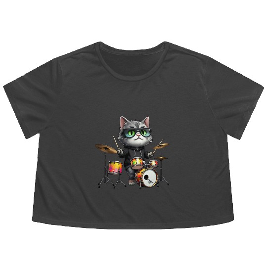 Gray Cat with Neon Drums Flowy Cropped Tees