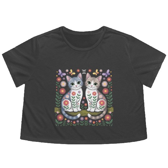 Gemini Zodiac Twin Cats Art Flowy Cropped Tees